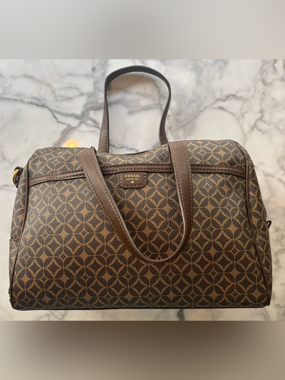 Fossil Brown Patterned Satchel with Leather-Trim Handles